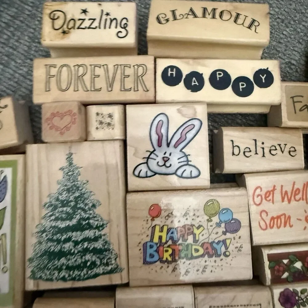 60+ Large Lot Vintage Rubber Wooden Stamps Seasons Words DOTS Sky Kids & More